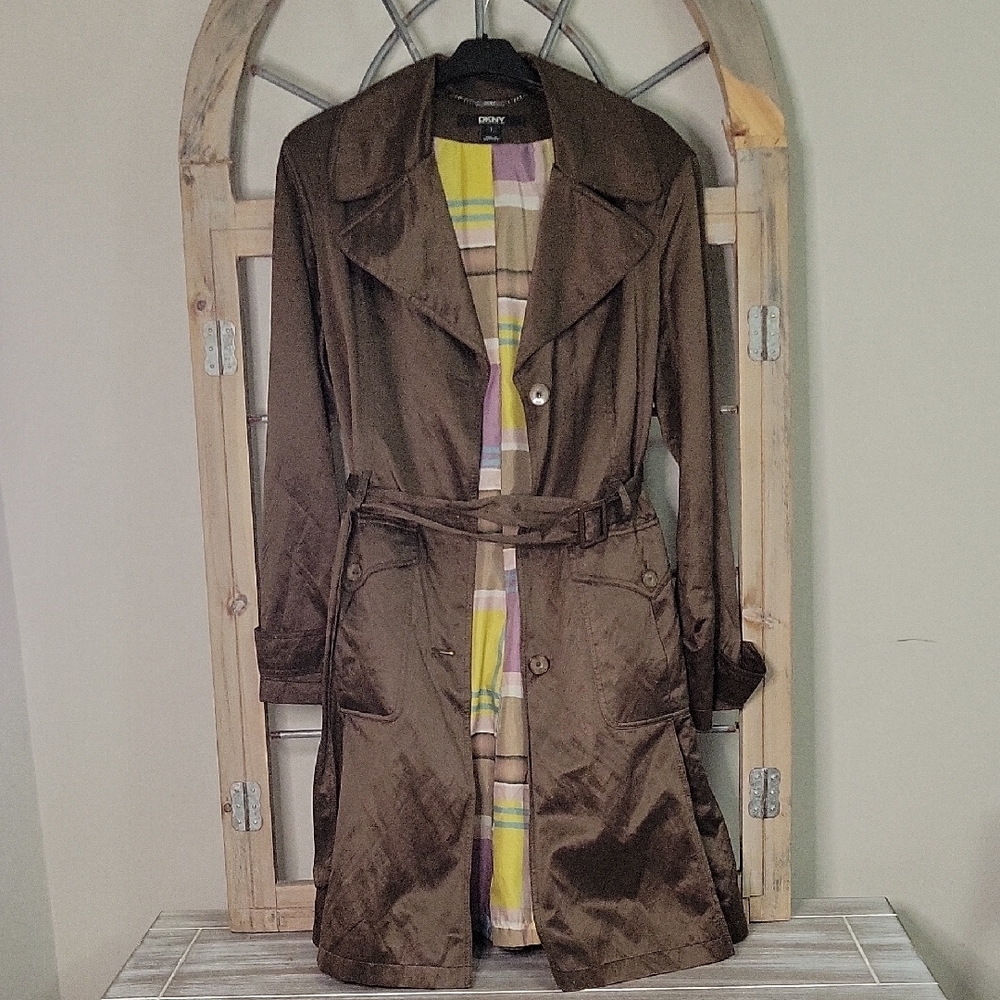 DKNY Olive Trench Coat with Plaid Lining